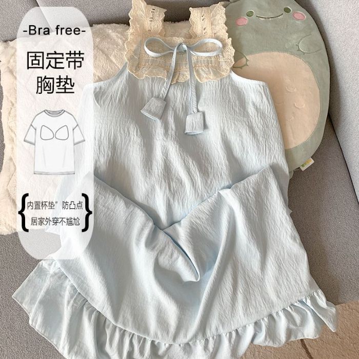 Chaleco de encaje camisón verano pijamas de mujer nube cinturón de algodón cojín en el pecho sin mangas vestido de princesa suelto ropa de casa verano