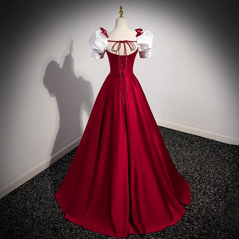 Vestido de noche rojo para brindis, nuevo estilo 2026, vestido de anfitriona de alta gama con mangas abullonadas estilo francés para primavera, ideal para examen de canto.