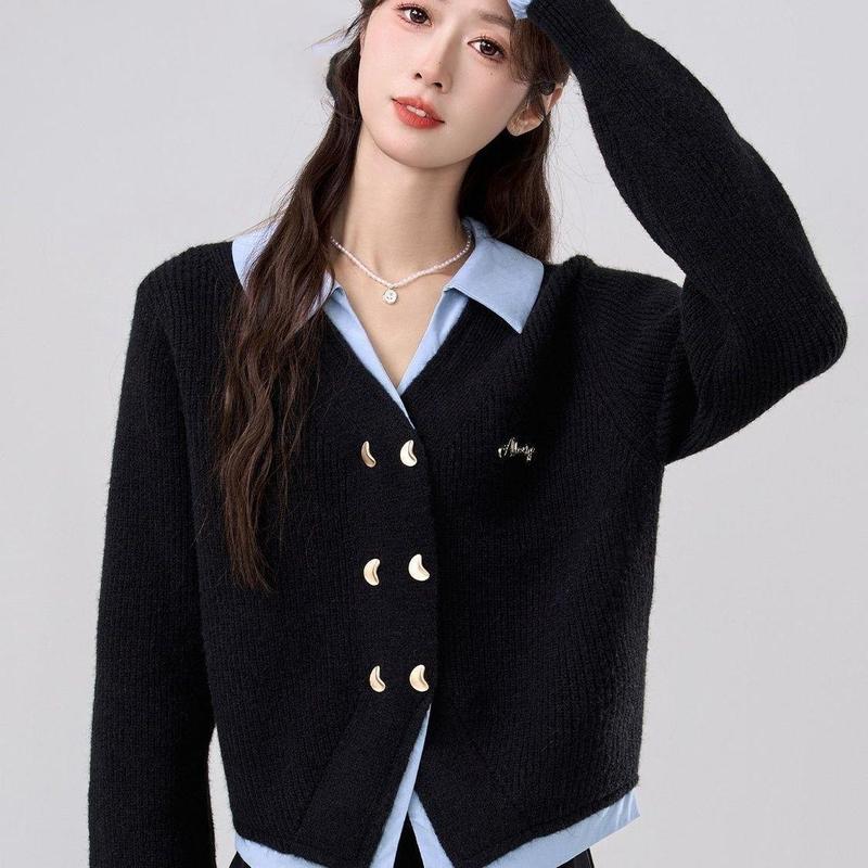 假两件毛衣2025春夏新款外套女POLO领衬衫针织开衫短上衣遮肉|undefined