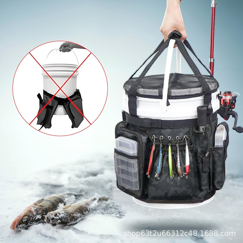 Bolsa de almacenamiento de barril de pesca Bolsa de equipo de pesca con soporte de línea y pinzas Bolsa de barril de pesca multibolsillo