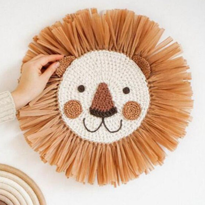 ins北歐手工編織卡通獅子造型稻草家居牆壁挂飾兒童房童裝店道具