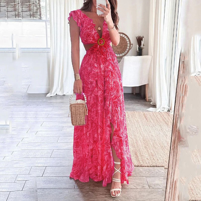 Printing Pattern Wholesale Women's Vacation Printing Pleated Printing Holiday Beach V Neck Sleeveless Regular Dress
