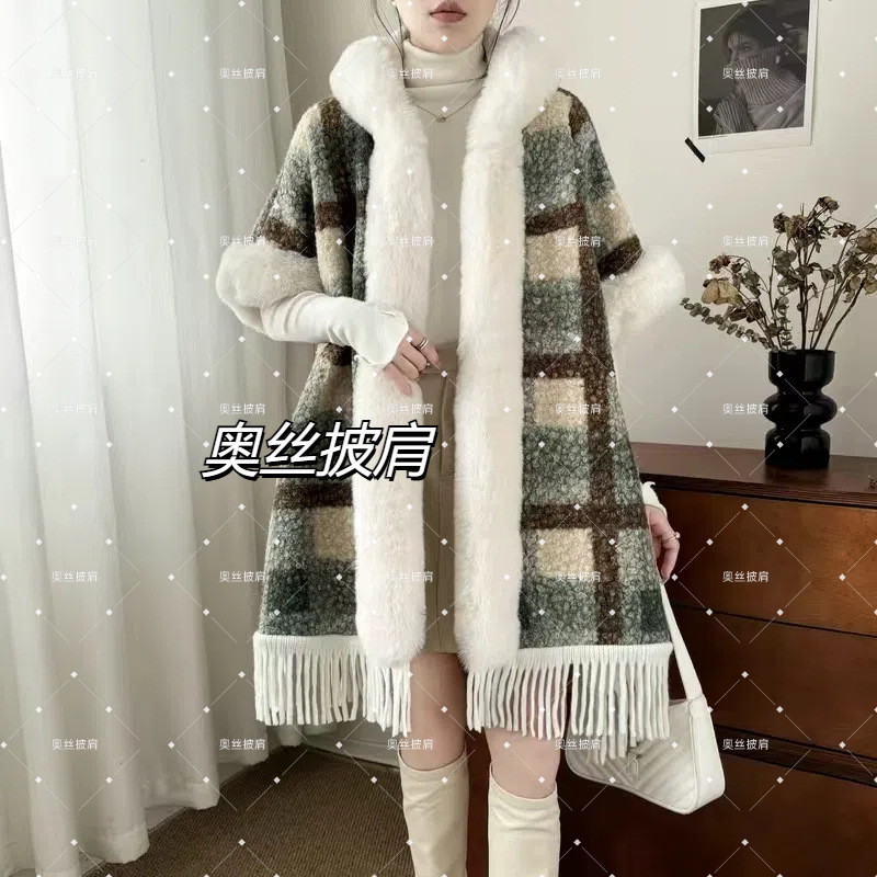 新款格子纹加绒加厚毛领斗篷针织披肩中长款大衣大码高级感外套