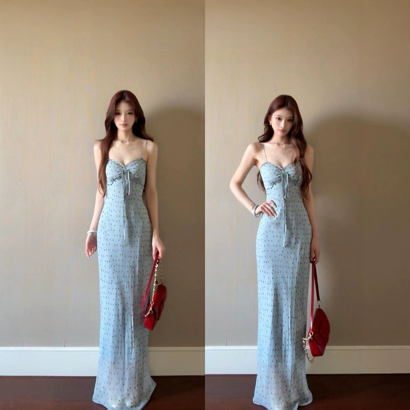 Beach Outfit: Blue Tie-Up Polka Dot Spaghetti Strap Dress for Women, Summer 2026, Particularly Beautiful, Waist-Cinching, Bodycon Long Dress Beach Outfit: Blue Tie-Up Polka Dot Spaghetti Strap Dress for Women, Summer 2026, Particularly Beautiful, Waist-Cinching, Bodycon Long Dress
