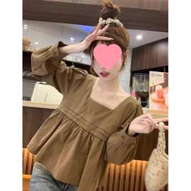 法式方领长袖泡泡袖衬衫女士春秋季短款娃娃衫衬衣上衣2025年新款