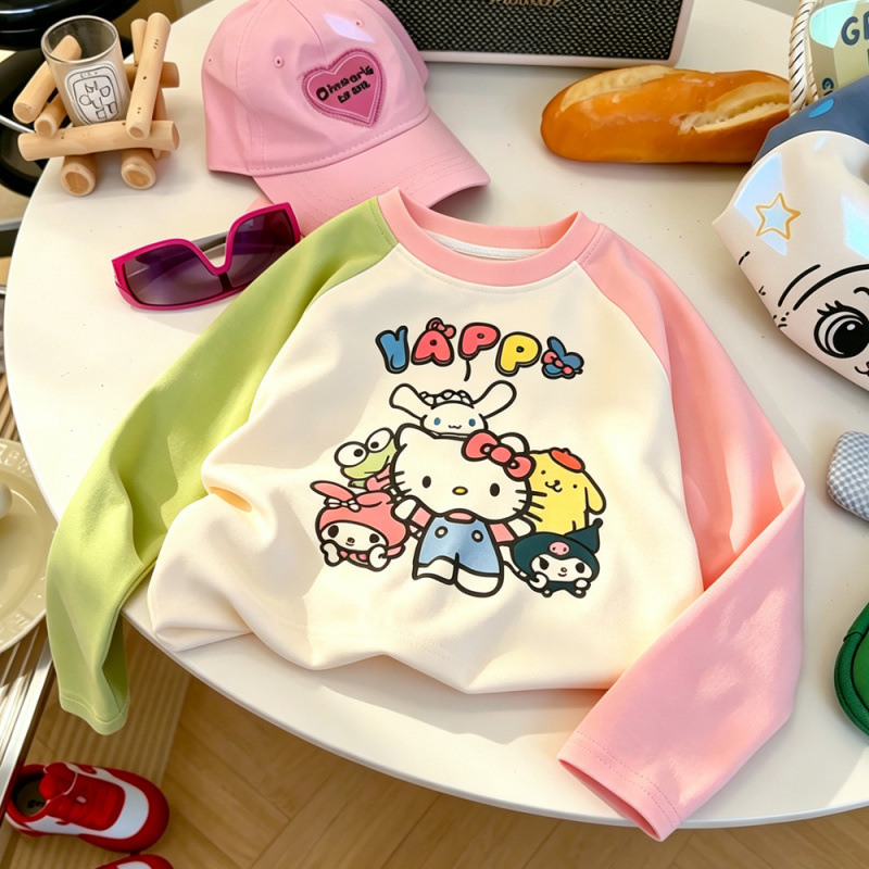 Green and pink cartoon HAPPY print children's long-sleeved T-shirt, autumn Korean style, versatile round neck girls' top