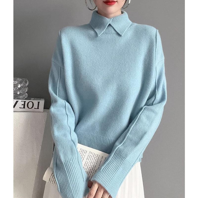 [Cashmere Family] Women's Knitted Pullover Sweater with Turn-Down Collar, Stylish and Elegant, Large Size Thickened Base Layer