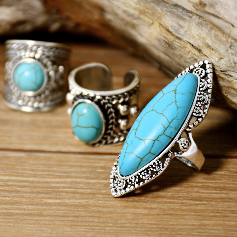 Bijoux En Gros Style Ethnique Ovale Alliage Turquoise Incruster Anneaux display picture 1