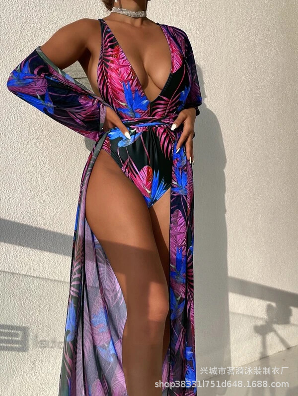 Mingyi nueva de una sola pieza europea y americana sexy multicolor hoja de arce impresa blusa de malla larga de tres piezas traje de baño de las mujeres