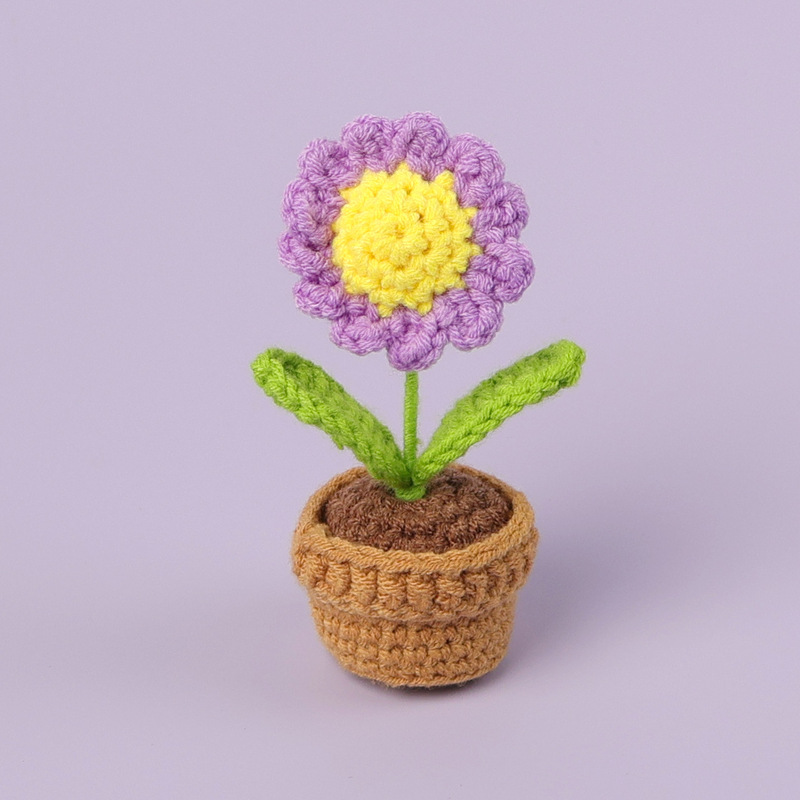 完成品クロスボーダー手作りウールかぎ針編み忘れなしひまわり模擬花鉢植えクリエイティブデスクトップ装飾品車の装飾造花|undefined