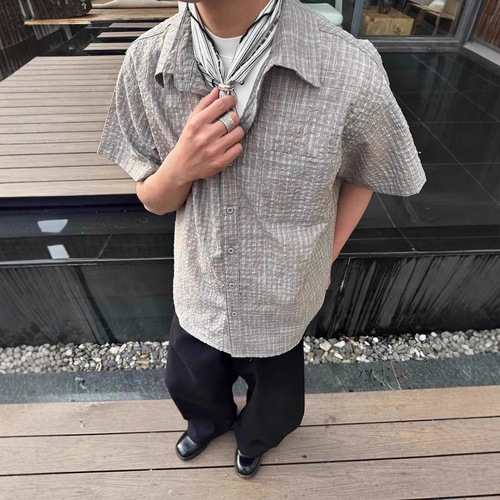 American-style color-glossed check short-sleeve shirt for men and women, trendy pink plaid casual fashion brand versatile summer loose casual half-sleeve shirt