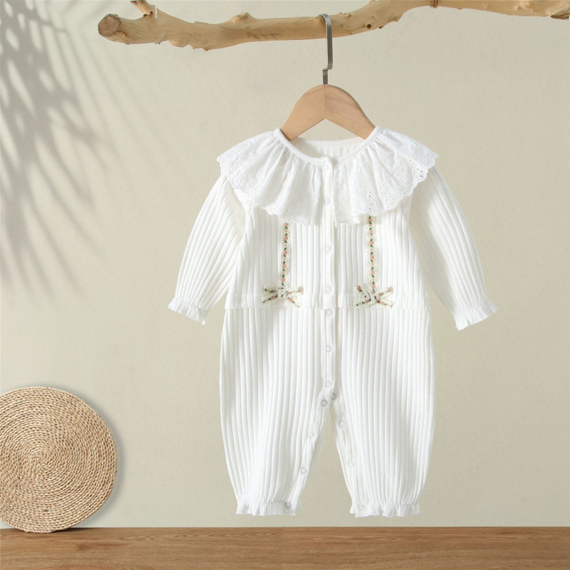 Qingdao Children's Clothing Sweet Lace Stereo Baby Jumpsuit Bow Long Crawling Suit Baby Pure Cotton Jumpsuit