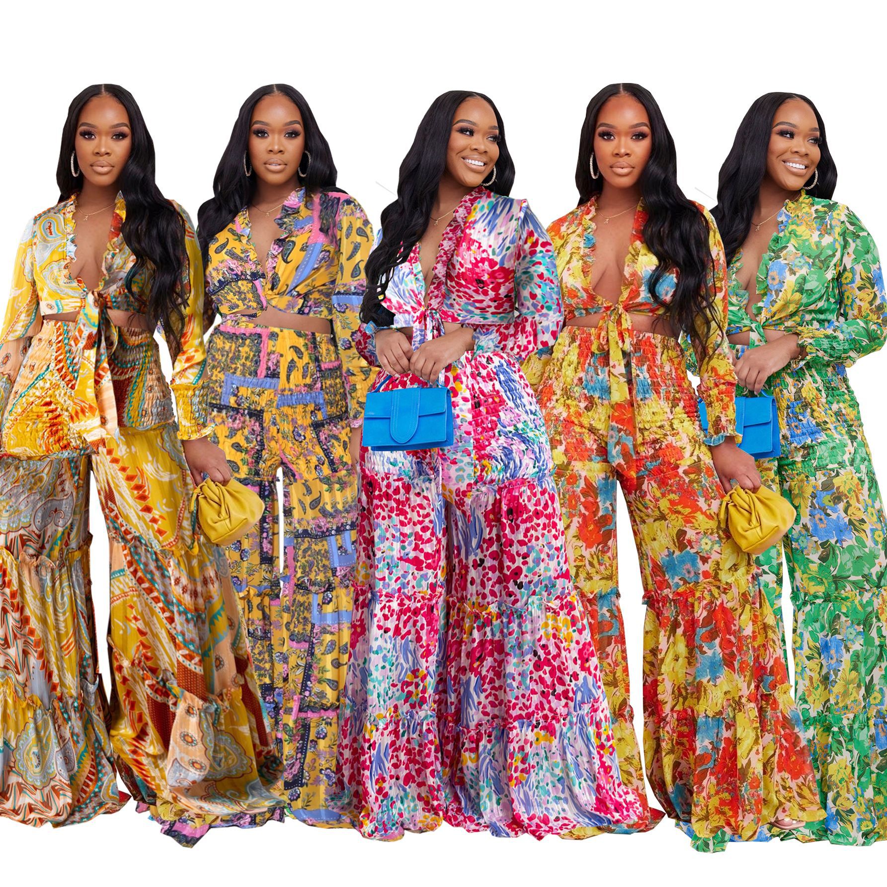 Women's Clothing fashion contrast color printed chiffon long sleeved lace up flared pants two piece suit _voghion.com