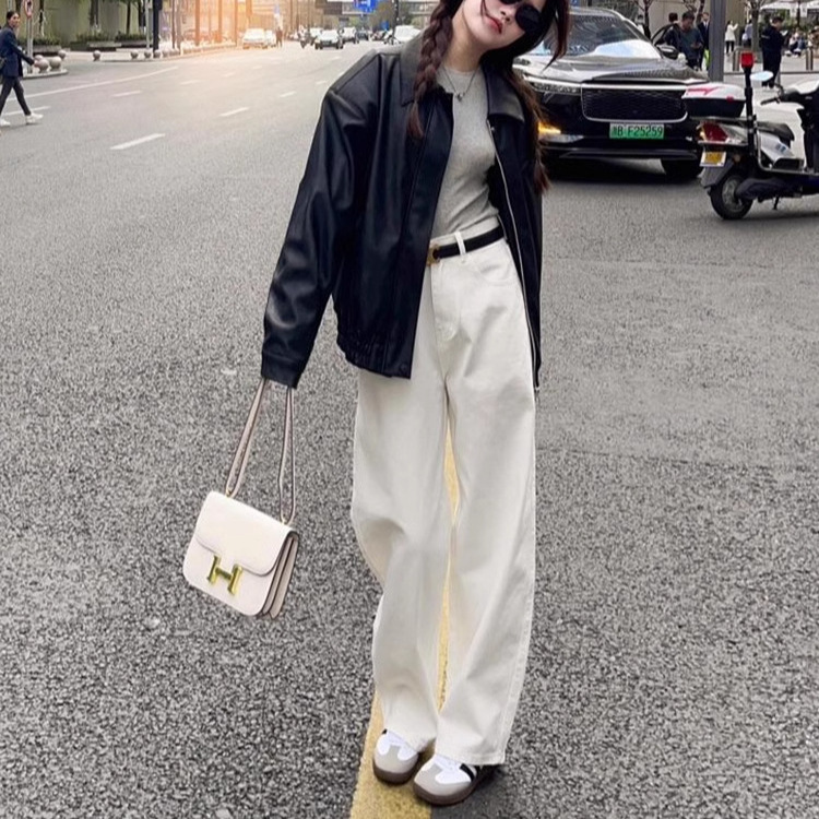 Fleece-Lined White Wide-Leg Jeans for Petite Women, Straight Loose Wide-Leg Jeans for Women, Thick Style