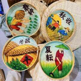 景区农耕文化墙竹编簸箕装饰画 农家乐田园风挂画绘画竹匾工艺画