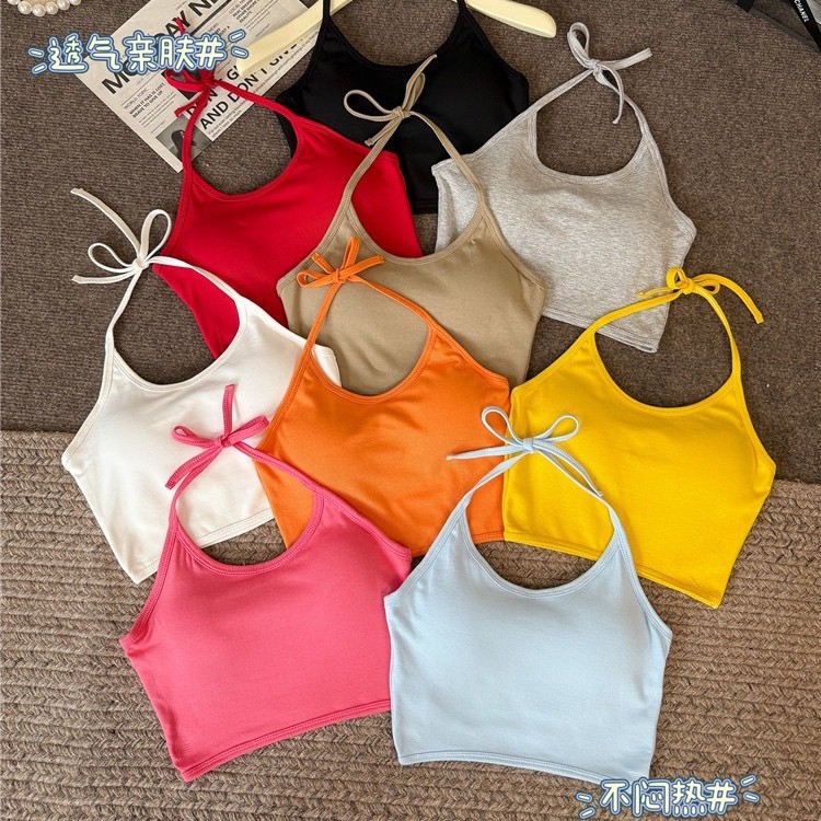 핫걸 홀터넥, 섹시한 아름다운 등, 가슴 패드가 있는 고정 컵, 여름 솔리드 컬러 이너웨어, 짧은 민소매 바텀 탑