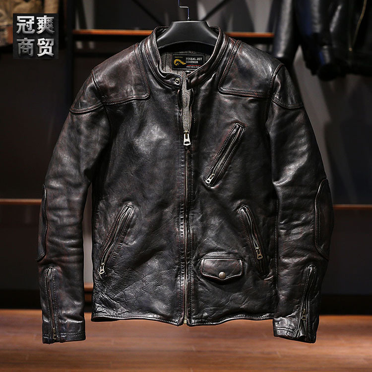 Venom Horsehide Leather Jacket Men's Stand Collar Pleated Casual Ami Khaki Leather Jacket