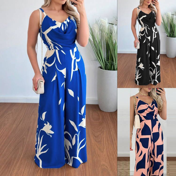 Cross-Border Aliexpress European and American Summer Fashion Elegant Spaghetti Strap Backless Waist-Cinching Wide-Leg Jumpsuit for Women in Black