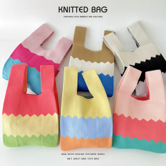 Korean style niche design simple color block knitted shoulder handbag hand bag casual versatile large capacity tote bag