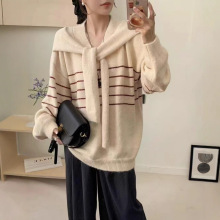 韩系假两件披肩条纹套头毛衣女2025秋冬新款宽松大版慵懒针织上衣