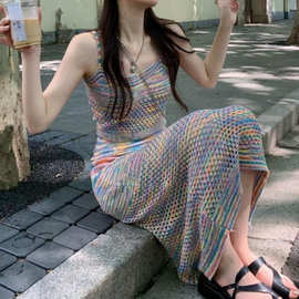 纯欲风彩虹条纹设计感气质吊带上衣女可盐可甜针织套装裙2023夏季