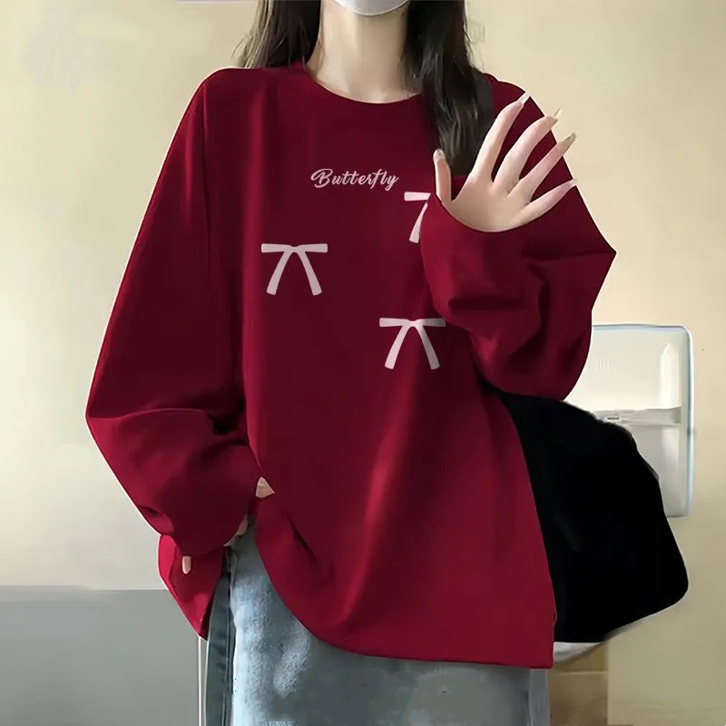 100% Cotton Long-Sleeved T-Shirt for Women Spring & Fall Korean Style New Loose Student Round Neck Bottoming Shirt Ins Outer Top for Men