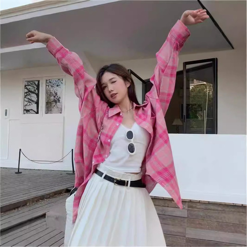 Magenta Grid Women's Mid-Long Sleeve Top Spring Summer Autumn New Loose Hong Kong Style Retro Blouse Jacket