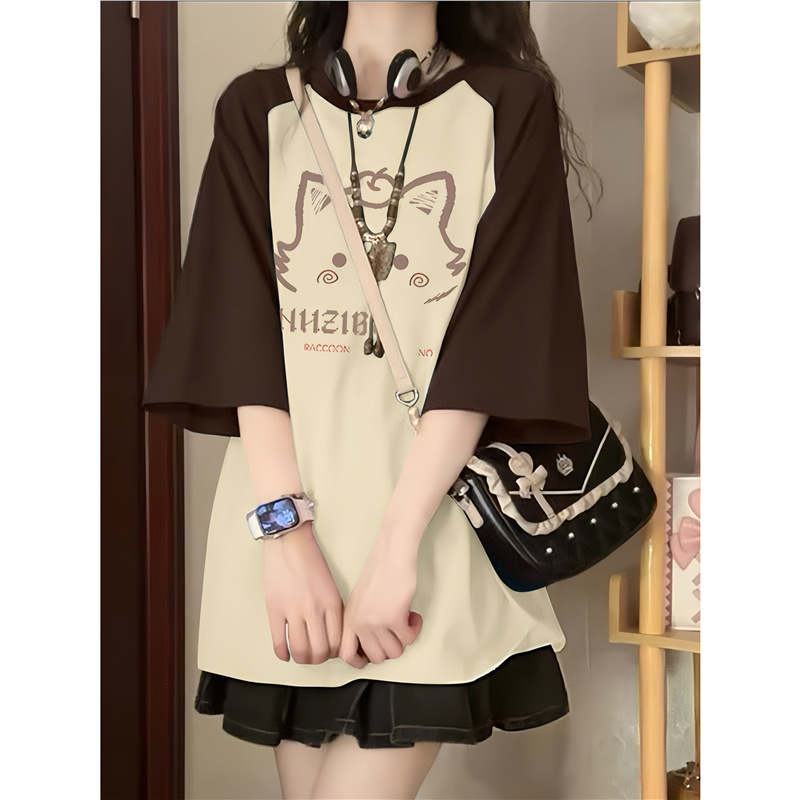 American Retro Raglan Pure Cotton Short-Sleeved T-Shirt Women's Summer Wear 2025 Middle School Students Loose Slimming Look Half-Sleeved Top