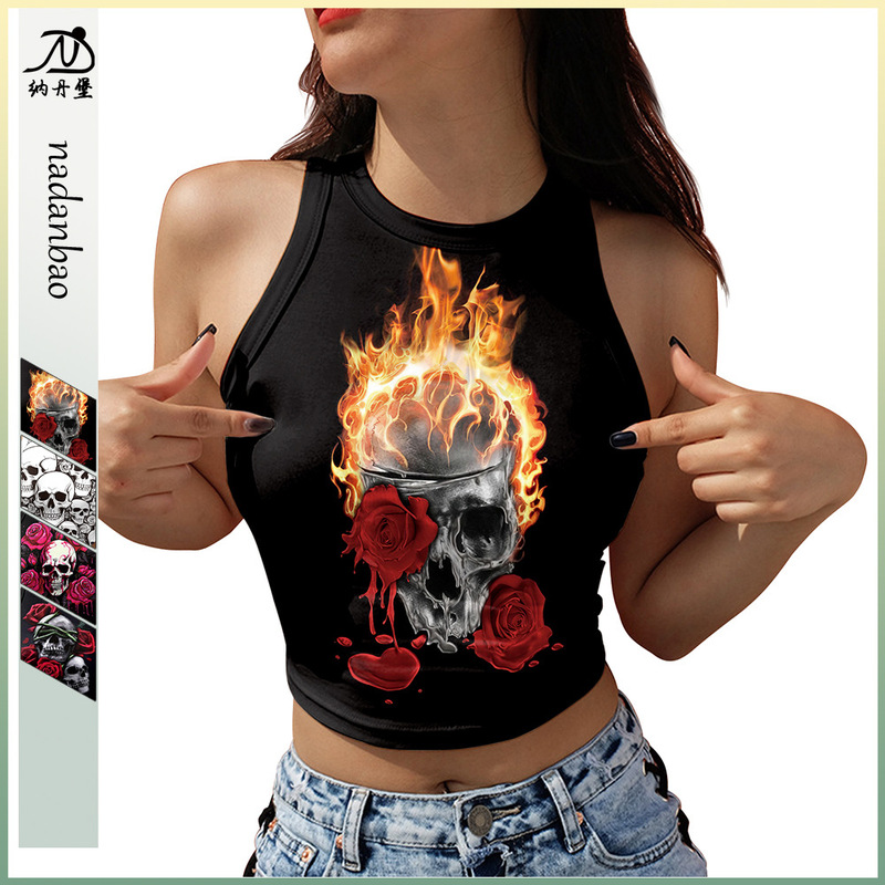 Halloween Women's Tops New European and American Cross-Border Skull Digital Printing Sleeveless Off-Shoulder Short Vest Women's Clothing Halloween Women's Tops New European and American Cross-Border Skull Digital Printing Sleeveless Off-Shoulder Short Vest Women's Clothing