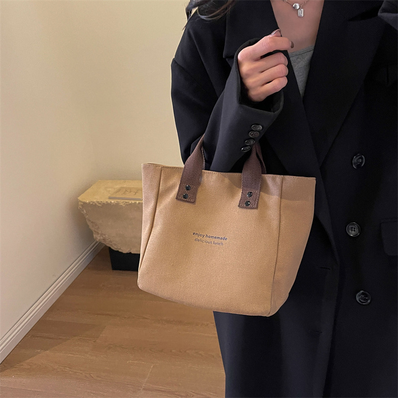 Versatile Canvas Solid Color Tote Bag Japanese-Style Bento Mommy Office Worker Lunch Box Simple Contrasting Color Lunch Bag