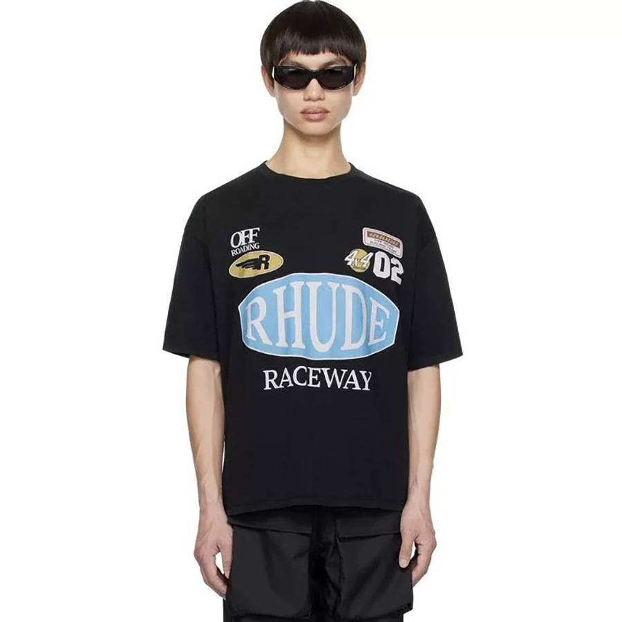 Nuevo color a juego RHUDE lema insignia carta de impresión retro calle hombres y mujeres pareja suelta manga corta Camiseta moda