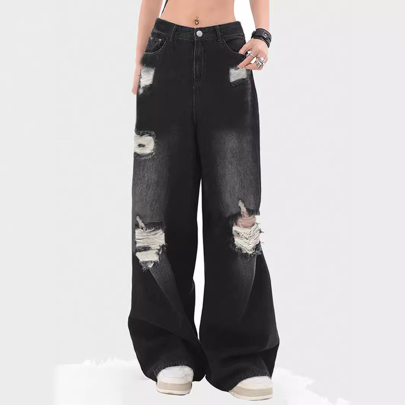 2024 New Real shot American high street black ripped jeans women's high waist only loose wide leg large European size