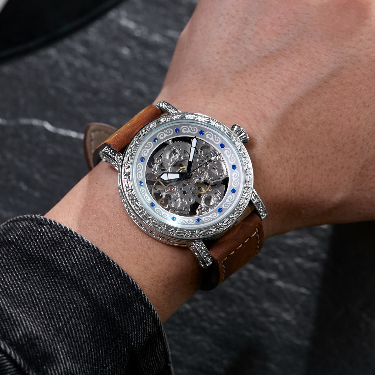Men's Automatic Mechanical Watch With Leather Strap And Steel Case_voghion.com