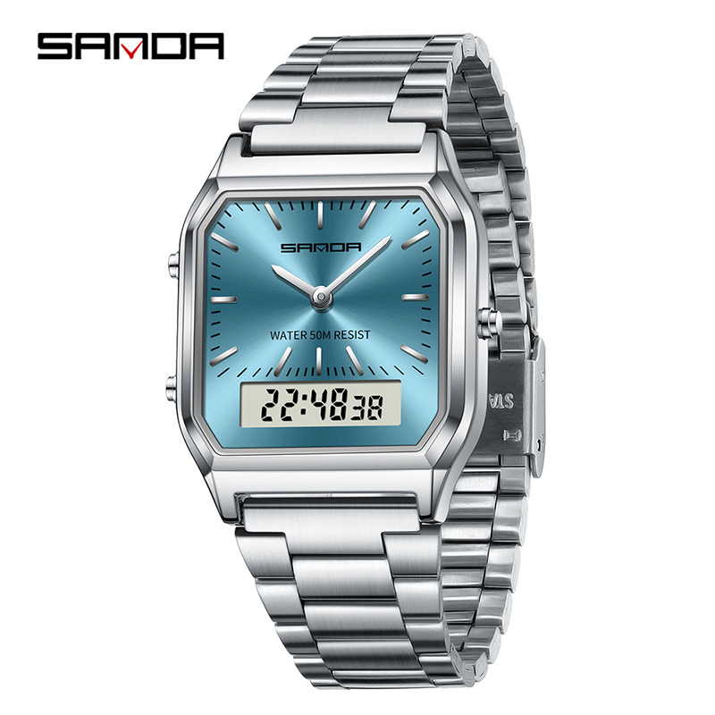 SANDA SANDA 747 hombre retro reloj electrónico de negocios moda moda personalidad reloj de hombre correa de acero reloj de pulsera ligero