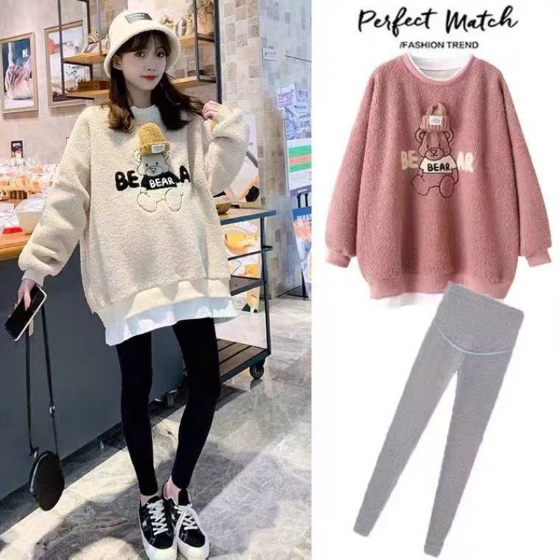 임산부 가을 겨울 의류 정장 스웨터 그물 레드 램 울 플러스 벨벳 두꺼운 바닥 착용 가짜 투피스 임산부 최고 트렌드