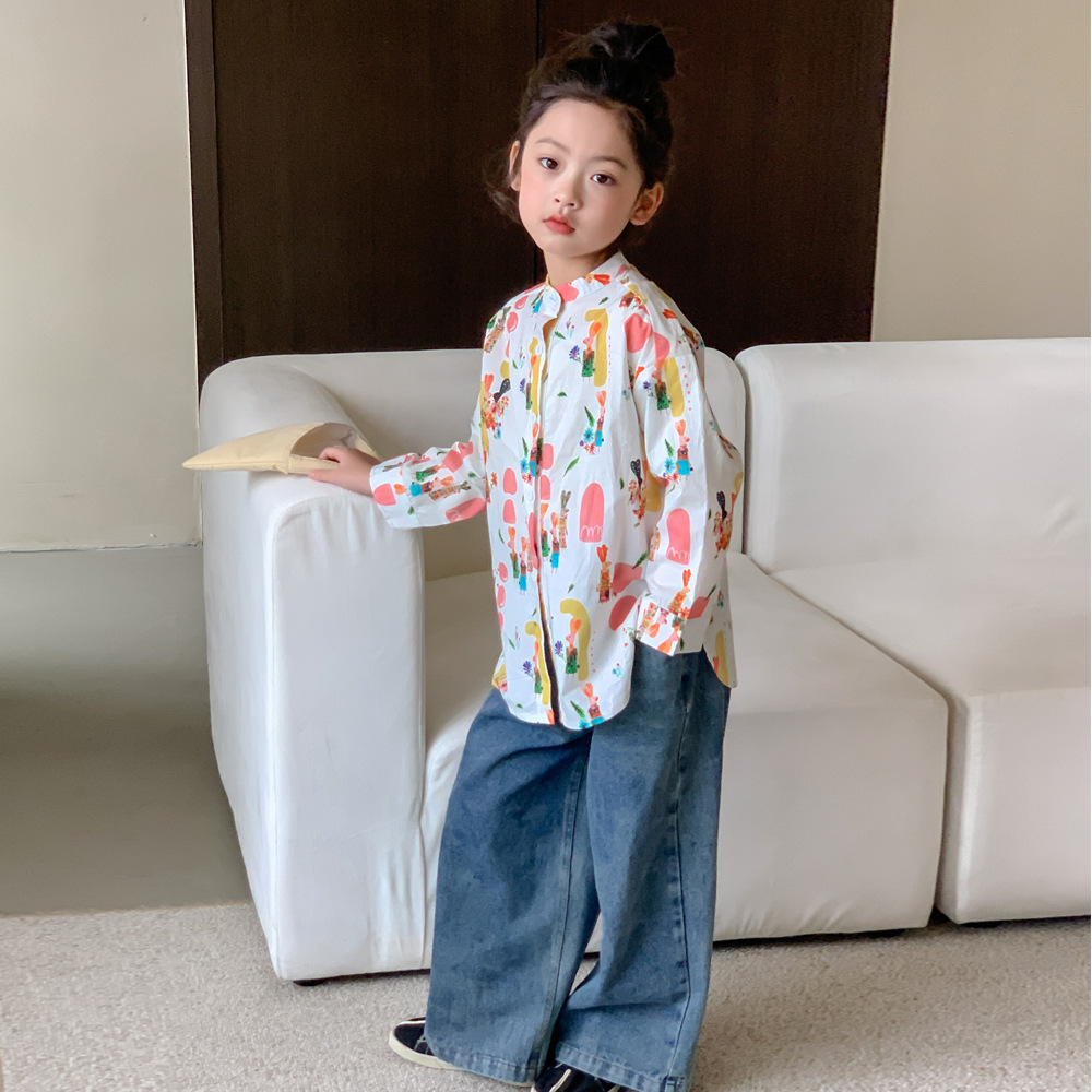 Camisa de graffiti divertida para niños collar de pie para Niñas Ropa para niños 2024 primavera bebé niña de dibujos animados impresa camisa de manga larga ropa de diseño