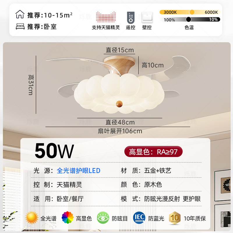 奶油风隐形风扇灯卧室南瓜餐厅吊扇灯家用护眼变频静音吸顶风扇灯|undefined