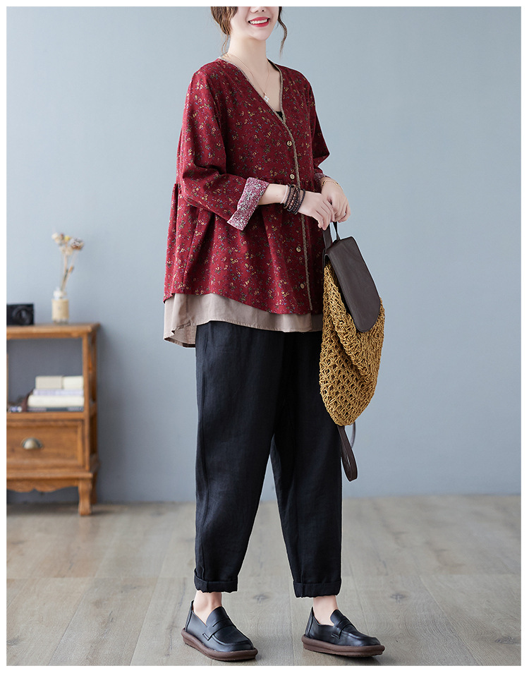 350g Weight Long Sleeve Sleeve Length Single Breasted Placket Type Regular Sleeve Sleeve Type Printing, Cotton and Linen, Hemp Fabric Type Ordinary Model (50cm <Length ≤ 65cm) Top Length Fake two-piece set, Shirt Tops Type V Neck Neckline Loose Fit Type Floral Pattern Temperament Commuter, Commute style Style Printing Craft Autumn 2025 Women's Floral V-neck Open Cardigan Fake Two-Piece Loose Cotton Linen Plus Size Shirt Elegant Commute Style 14