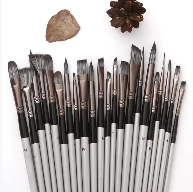 Cross-border Wholesale Nylon Hair Paint Brush Set for Art Students Gouache Watercolor Acrylic Oil Painting Brushes 24-Piece Set with Canvas Bag