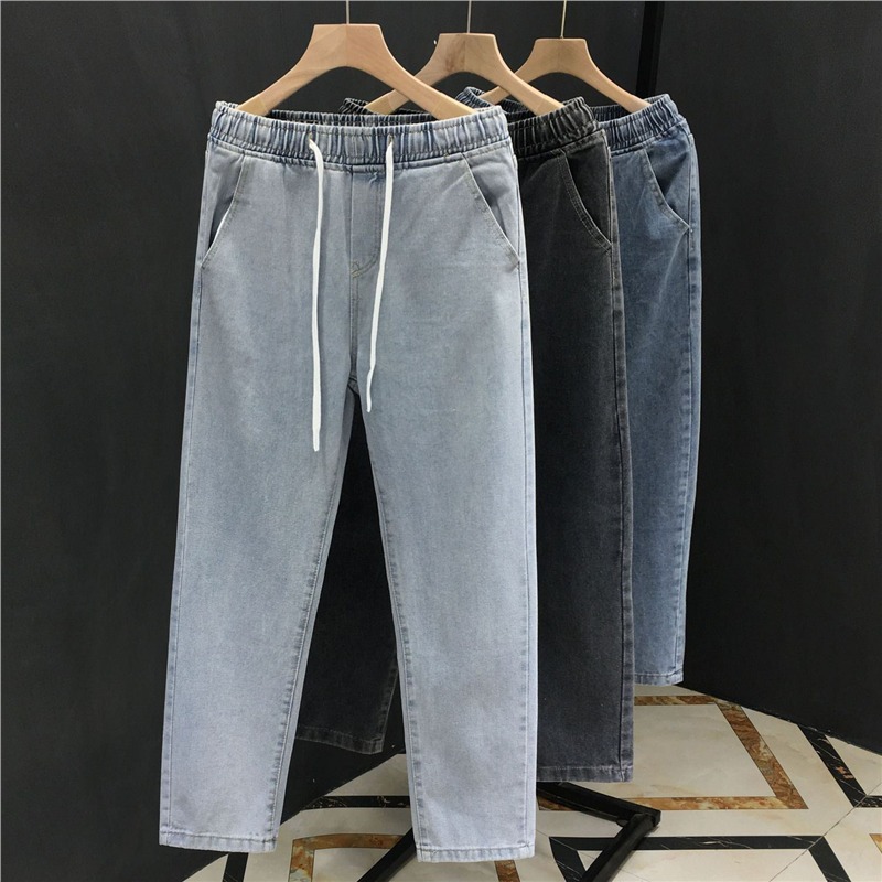 Loose Versatile Drawstring Elastic Waist Jeans Men Summer Japanese Style Men's Straight Loose Long Pants Trendy
