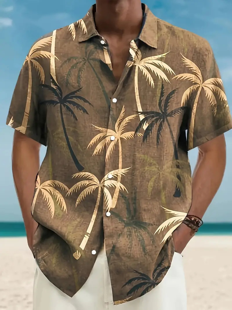 Ropa de hombre de comercio exterior de estilo europeo y americano 2024 nueva camisa de manga corta con patrón de árbol de coco de moda casual de todo fósforo MB1