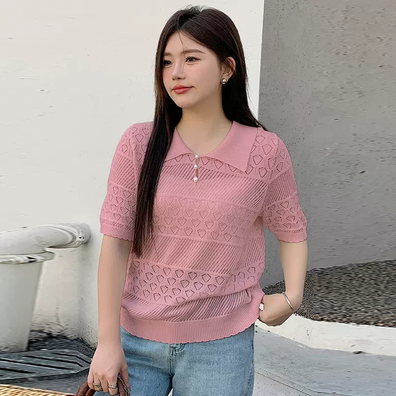 大码女装polo领镂空上衣女冰丝针织衫夏2025新款胖mm短袖t恤22293