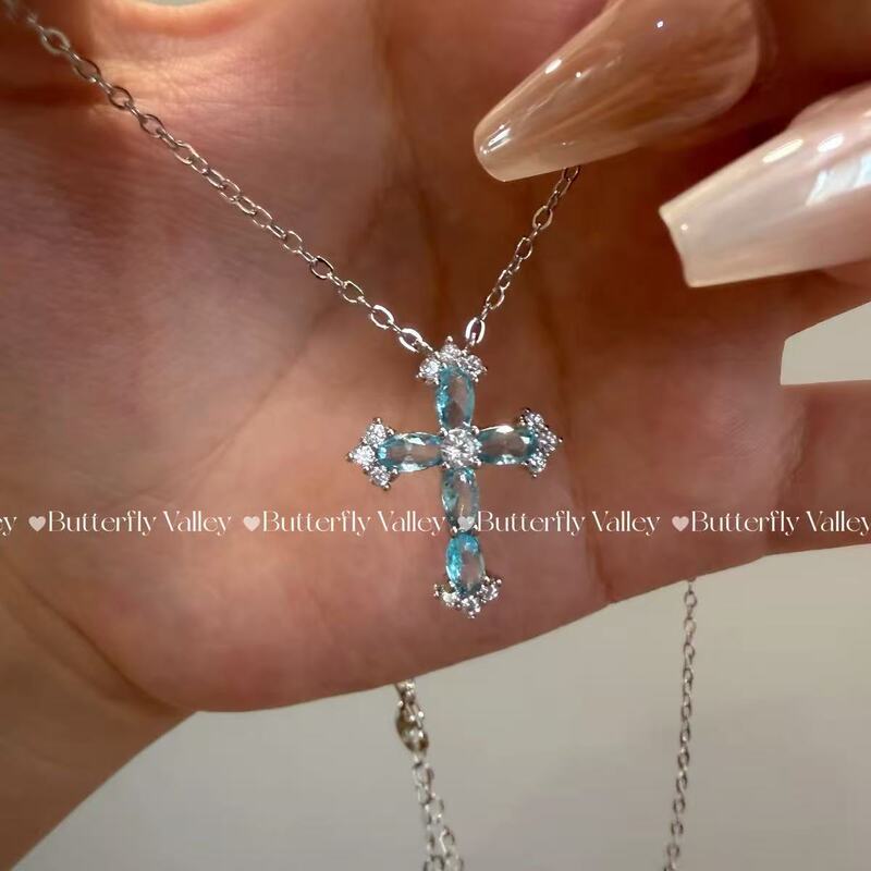 Icy blue ocean zircon cross necklace, niche personality, trendy collarbone chain, American retro sweet and cool choker