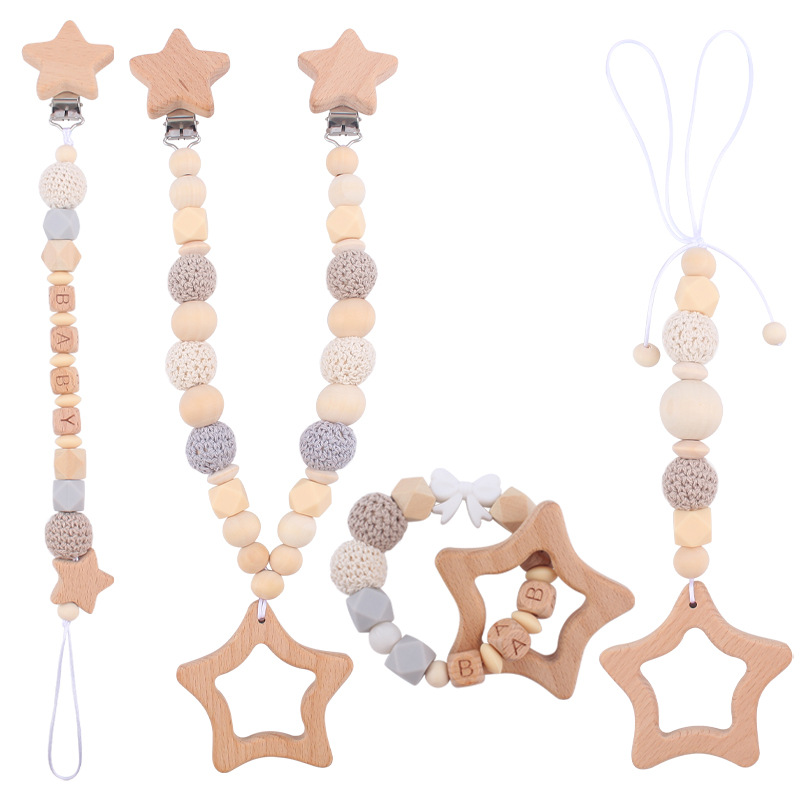 Bebé de dibujos animados de haya estrella mordedor juguete creativo DIY silicona chupete cadena pulsera coche colgando conjunto de cuatro piezas