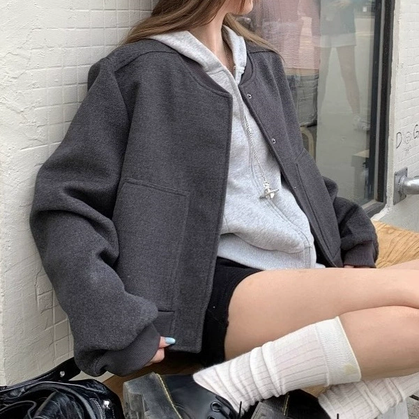 Woolen jacket, baseball short uniform with zipper for leisure, oversize