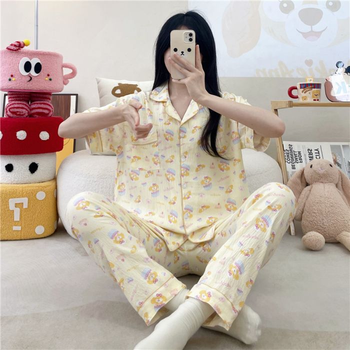 Pijamas transfronterizos al por mayor para mujer nube algodón otoño verano rebeca solapa pantalones de manga corta traje de servicio a domicilio simple y cómodo