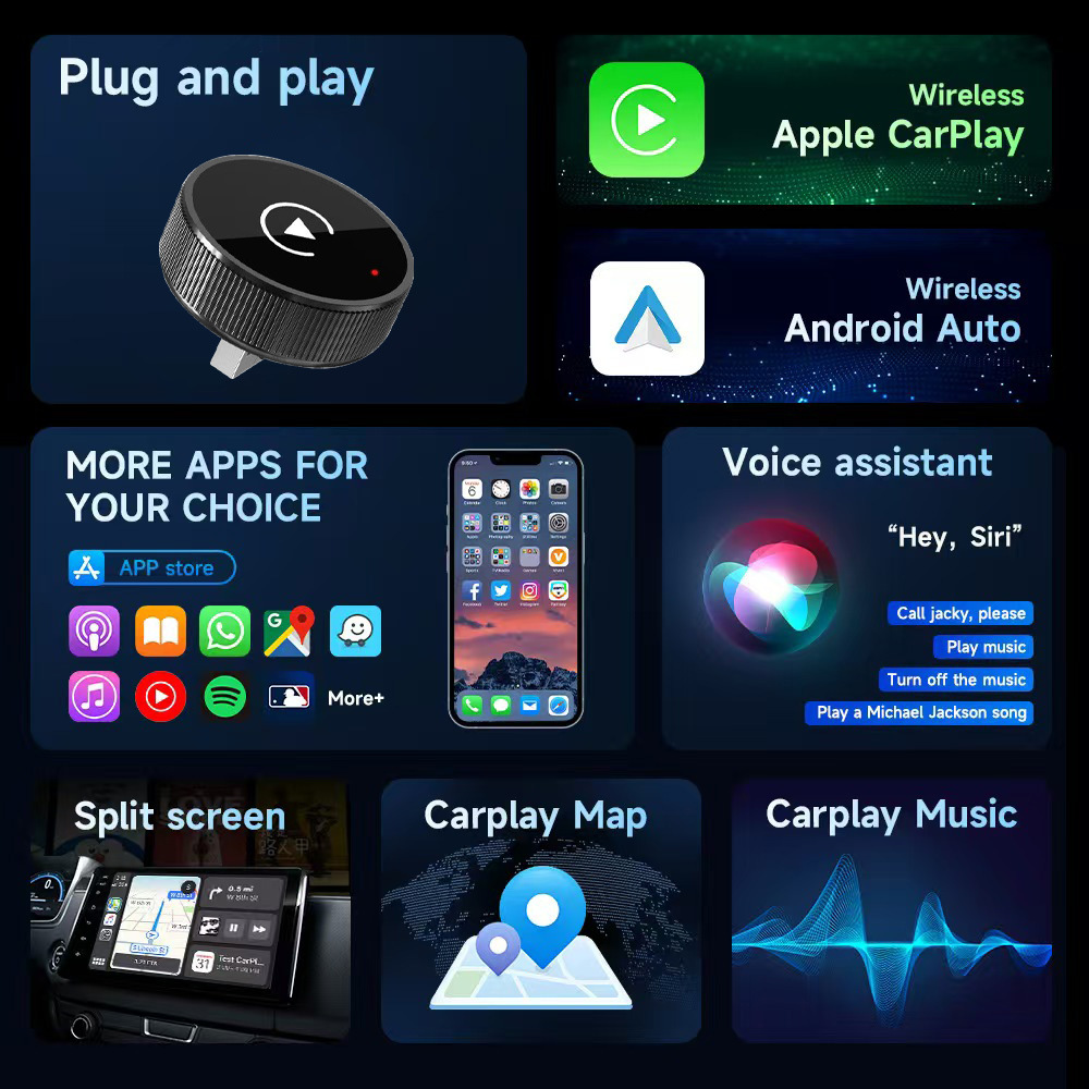 New Wireless Carplay Box Android Auto 2-in-1 Car-Mounted Wired to Wireless Adapter Cross-Border Hot Seller