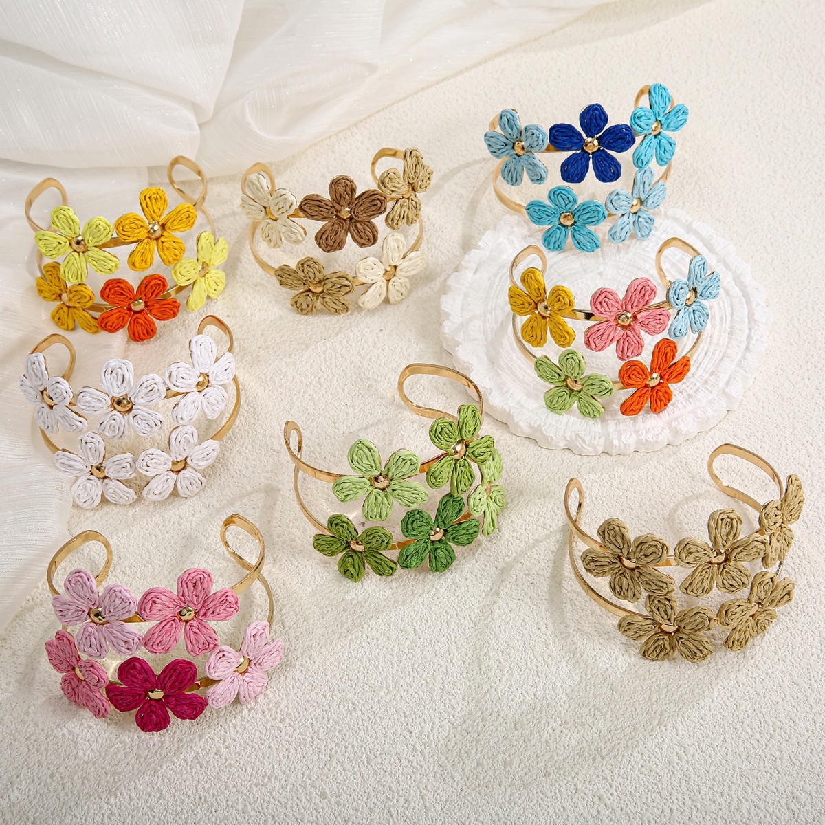 Cross-Border Hot-Selling Raffia Flower Bracelet for Women, Simple Double-Row Hand-Woven Adjustable Open Bracelet