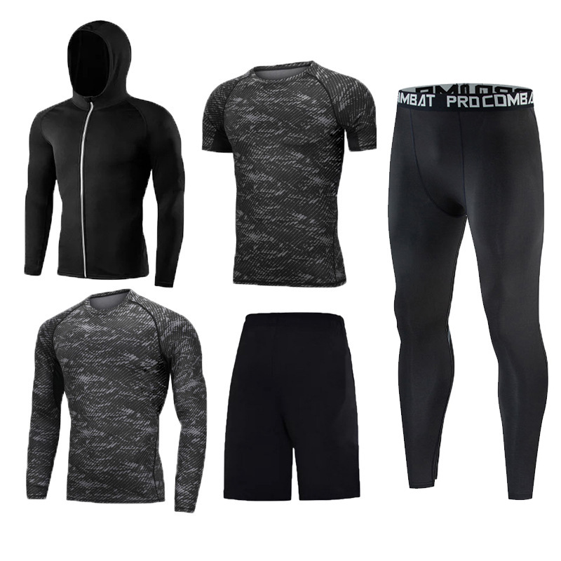 Man's clothing Morning running bodysuit Men's running suit five-piece quick-drying basketball training suit tights fitness suit_voghion.com
