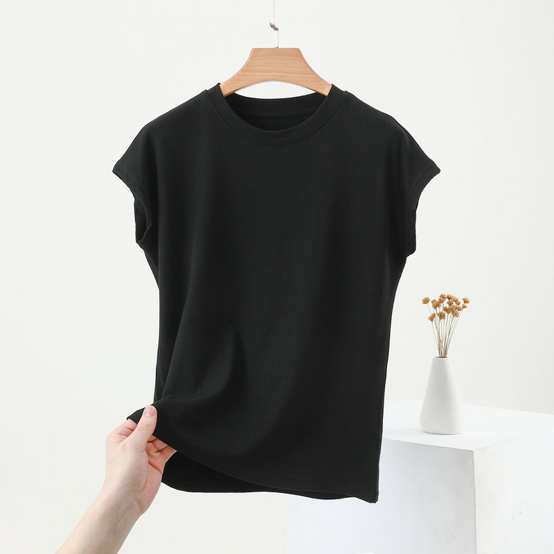 Modal manga corta máscara de hilo blanco camiseta elástica de verano de las mujeres cuello redondo 2022 nueva camisa de fondo suelta superior